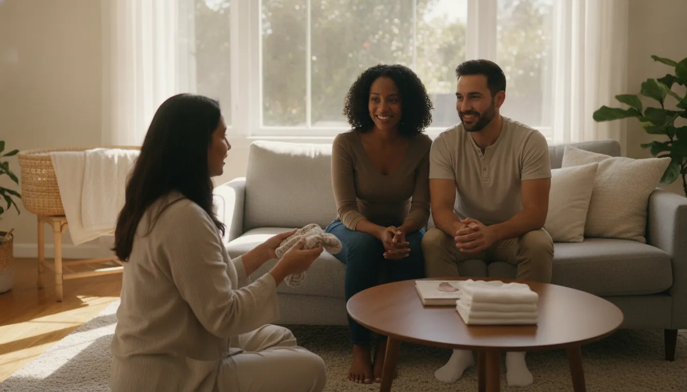 Professional doula meeting San Jose parents in a sunlit home to discuss South Bay doula services