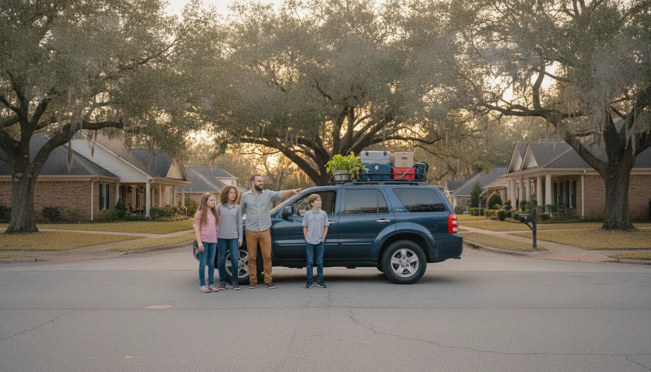 Family comparing neighborhood routes before moving