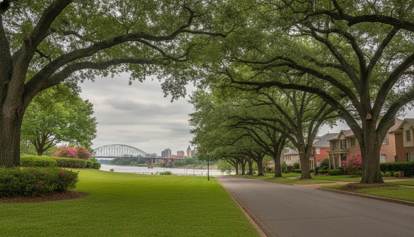 Tree-lined Shreveport Louisiana residential road near the Red River and city skyline