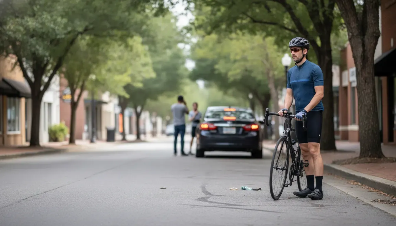 Bicycle and vehicle collision scene on a Greenville street