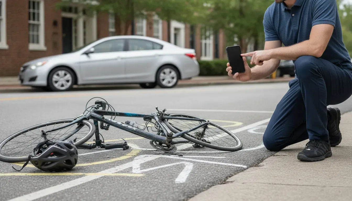 Cyclist documenting a Greenville bicycle collision scene beside a damaged bicycle