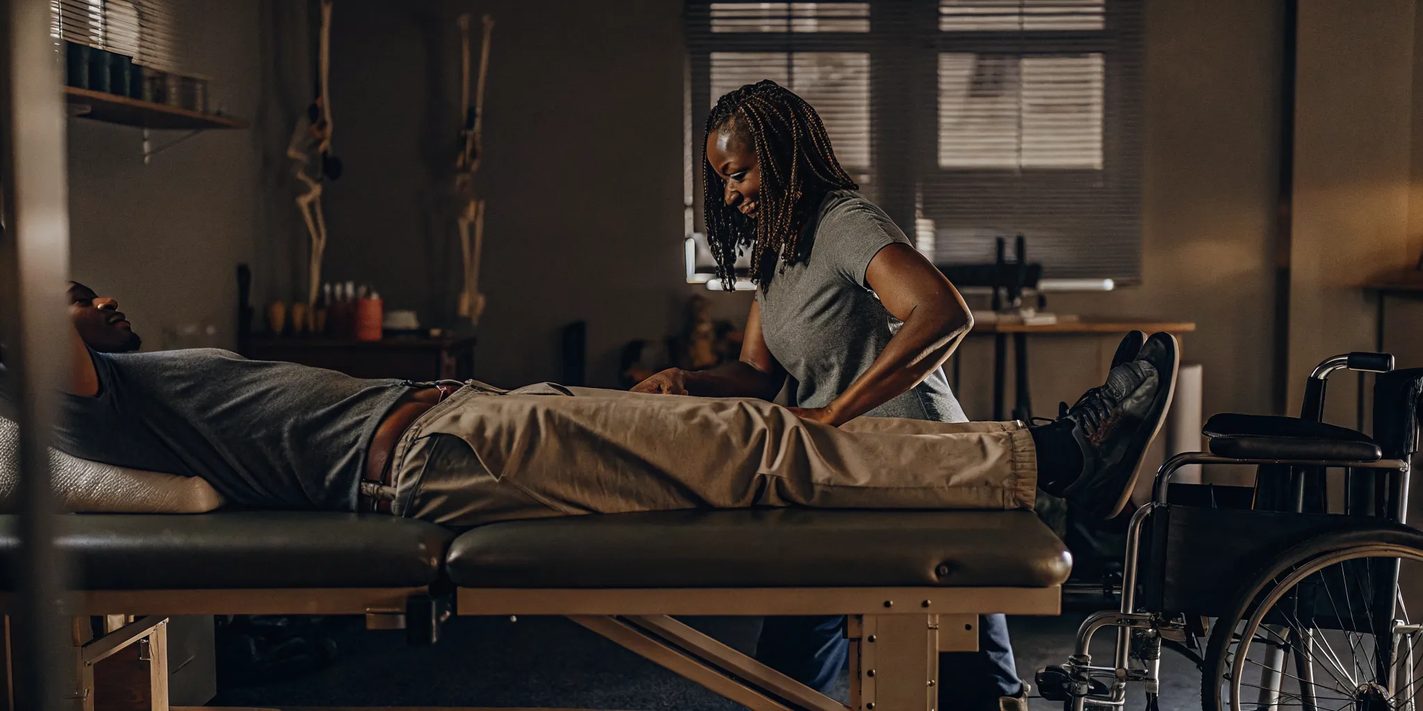 Spinal cord injury patient in rehabilitation therapy working with physical therapist