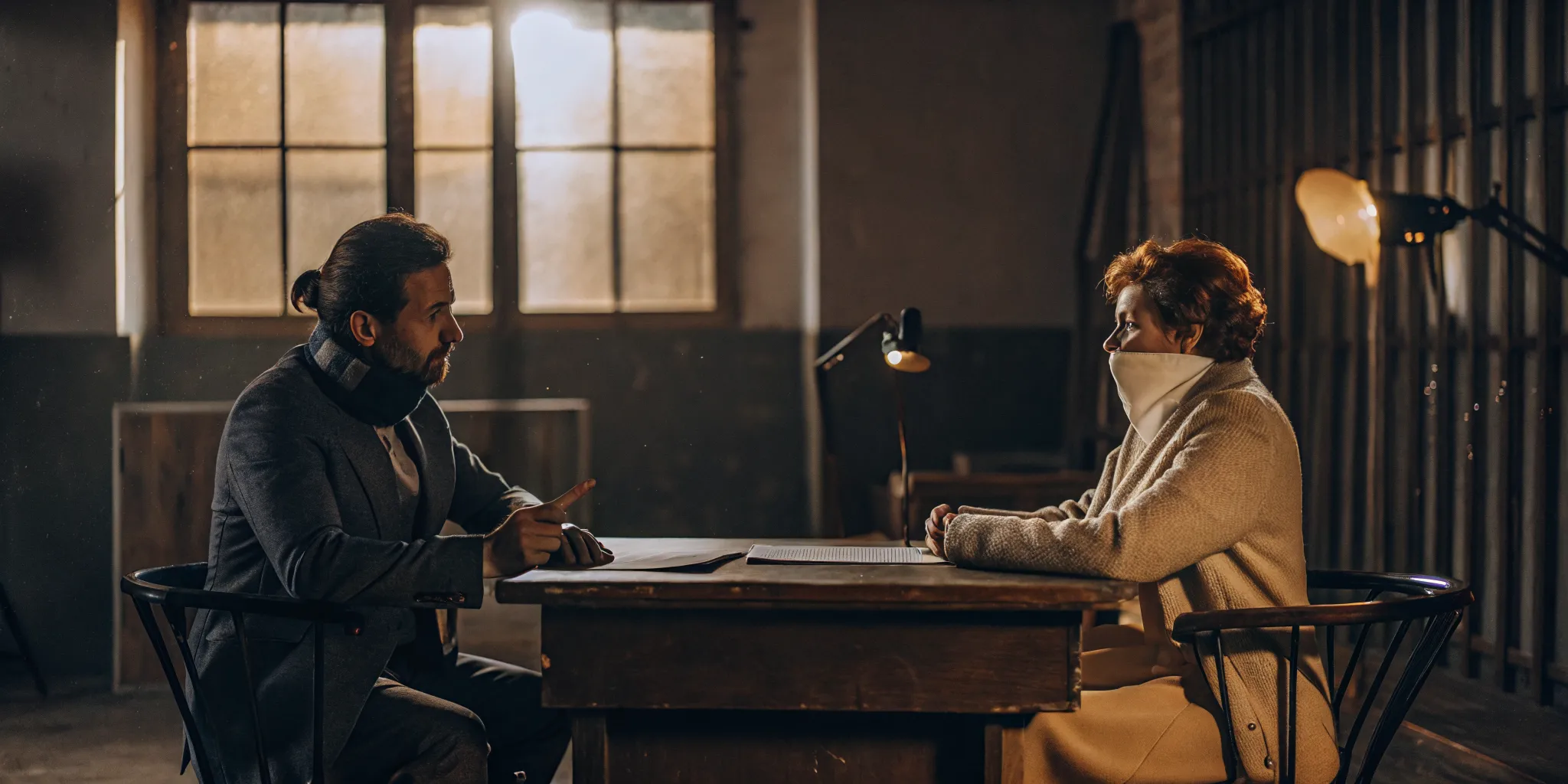 A woman with a neck brace speaking with her personal injury lawyer in a warm law office