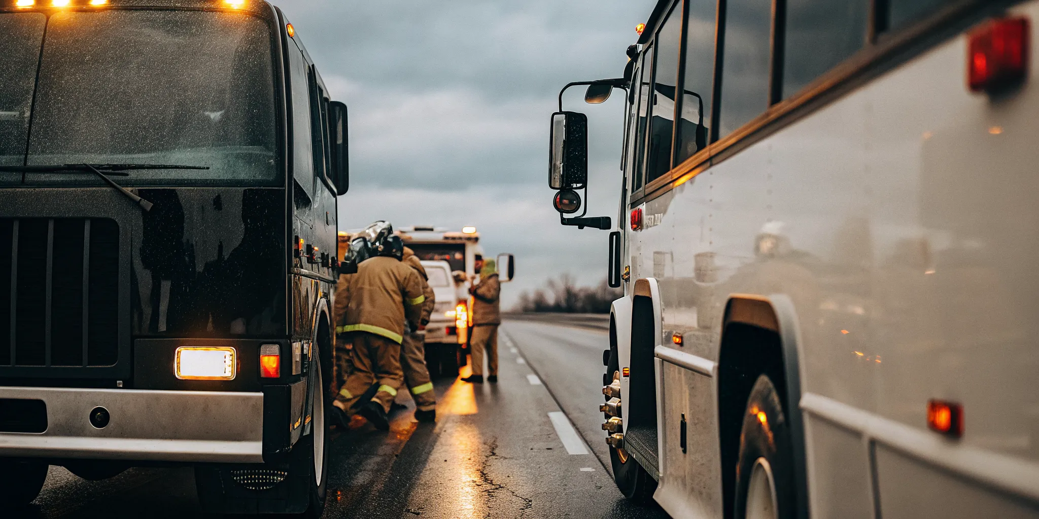 A commercial charter bus involved in a collision on a South Carolina highway with emergency personnel responding