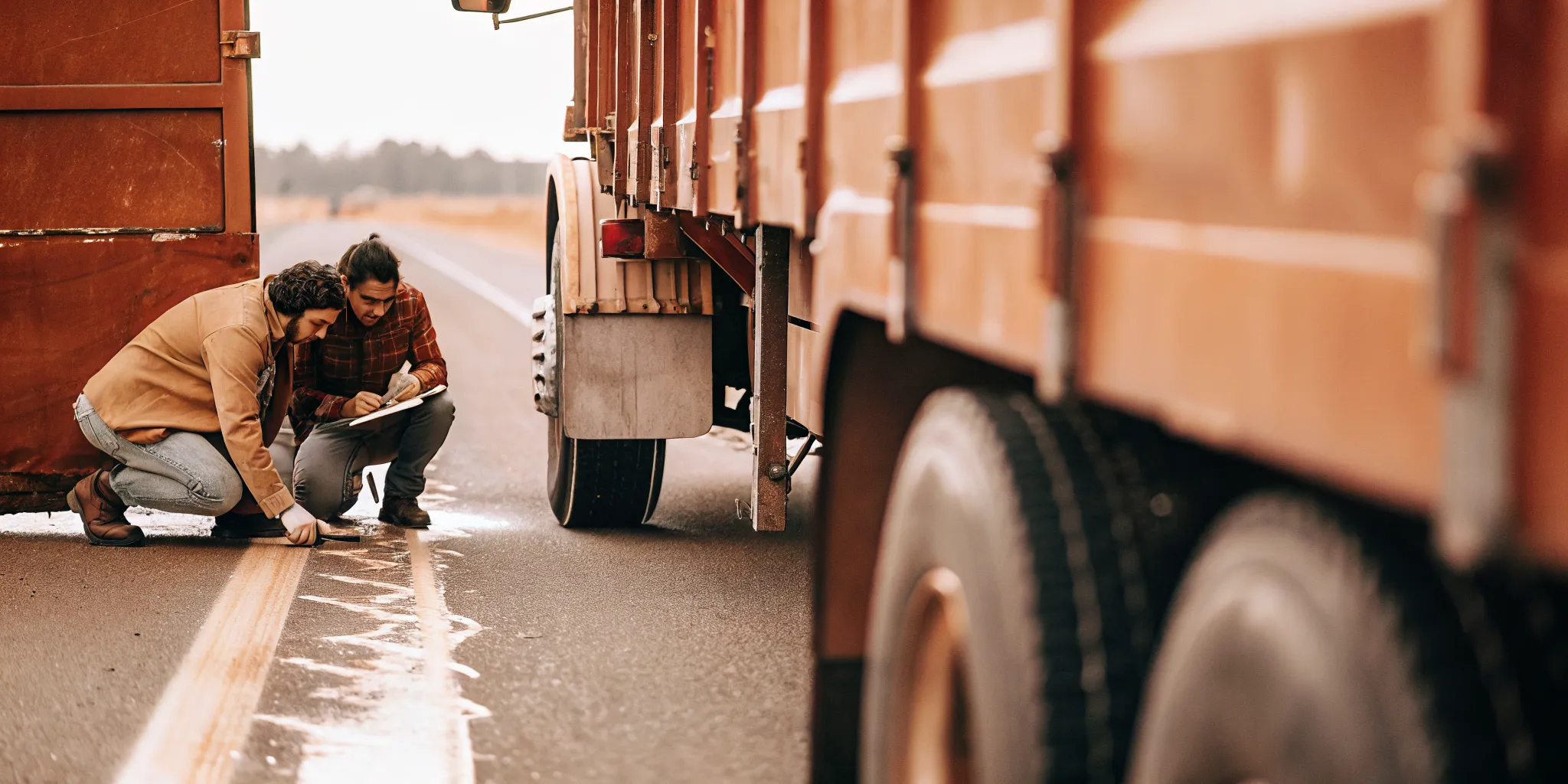 Accident reconstruction team documenting evidence after a truck crash