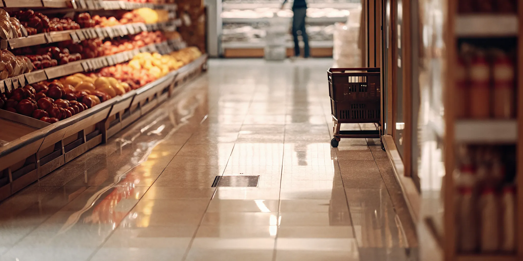 Wet floor warning sign beside a spill in a grocery store aisle