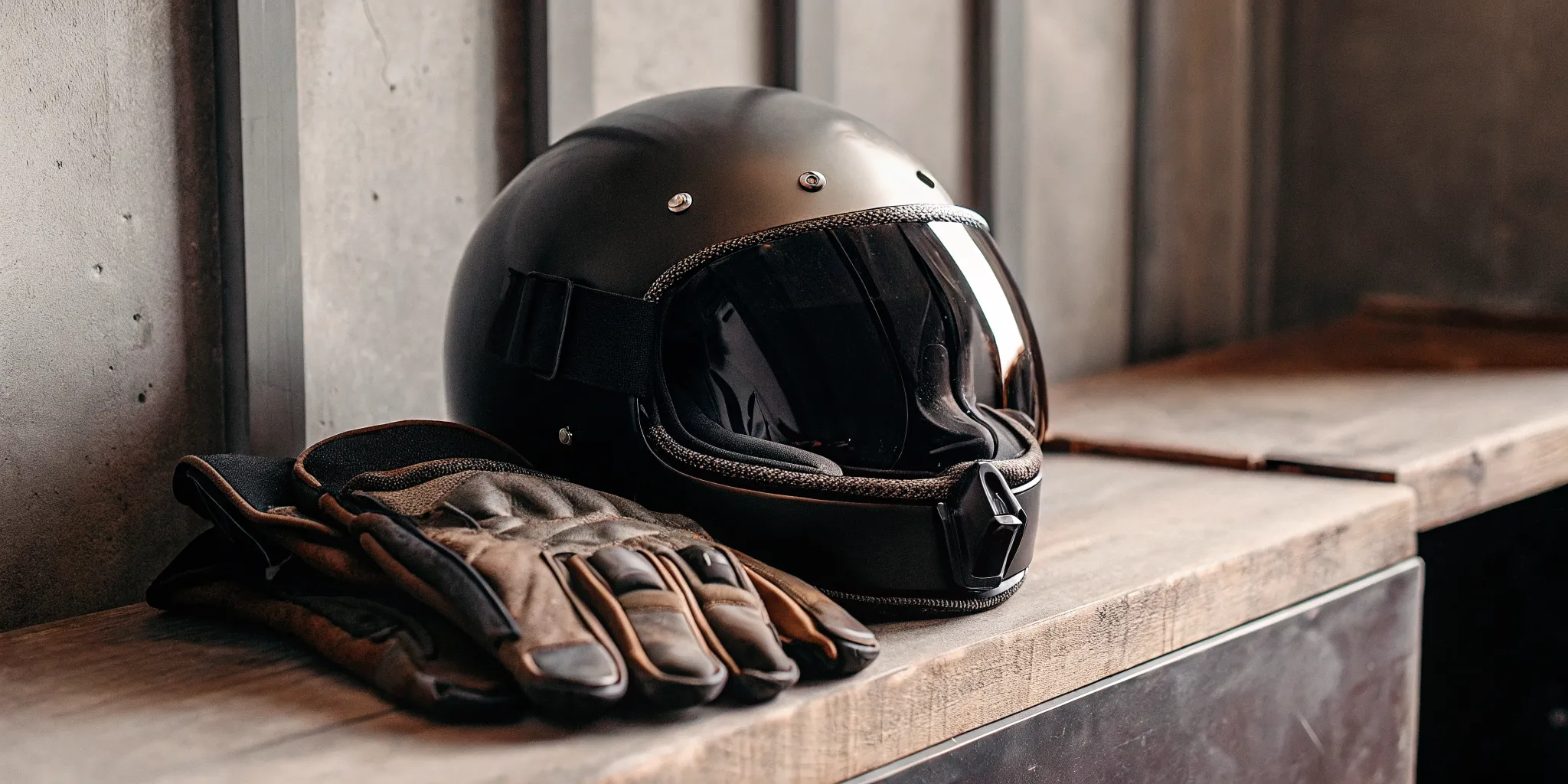 A sleek motorcycle helmet and rider gloves sitting on a bench