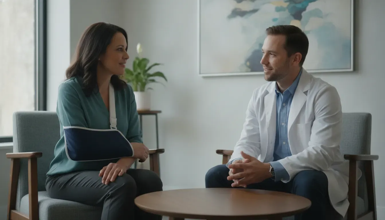 Driver discussing accident-related medical care with a healthcare professional