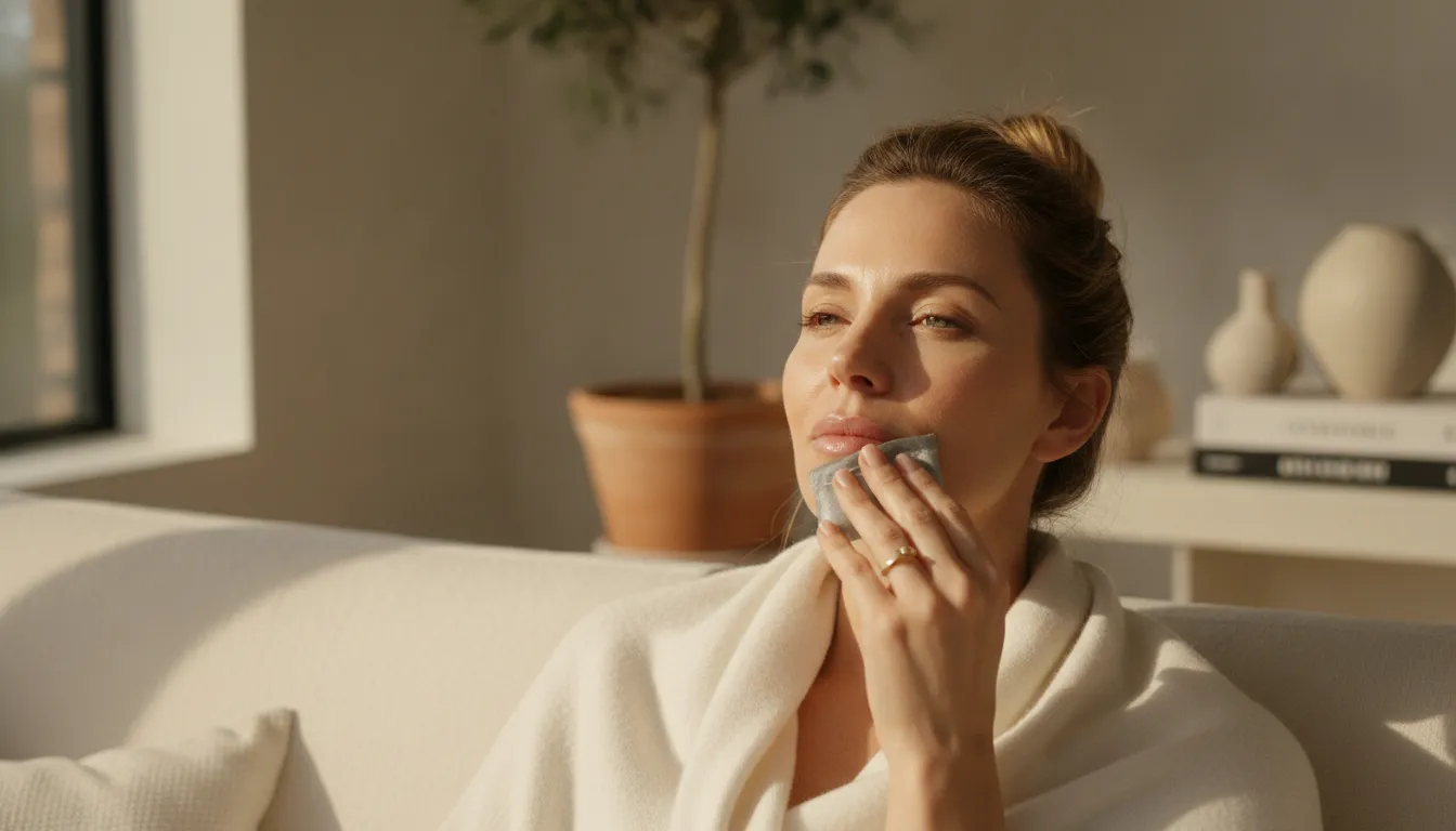Patient following gentle lip filler aftercare at home in Dallas
