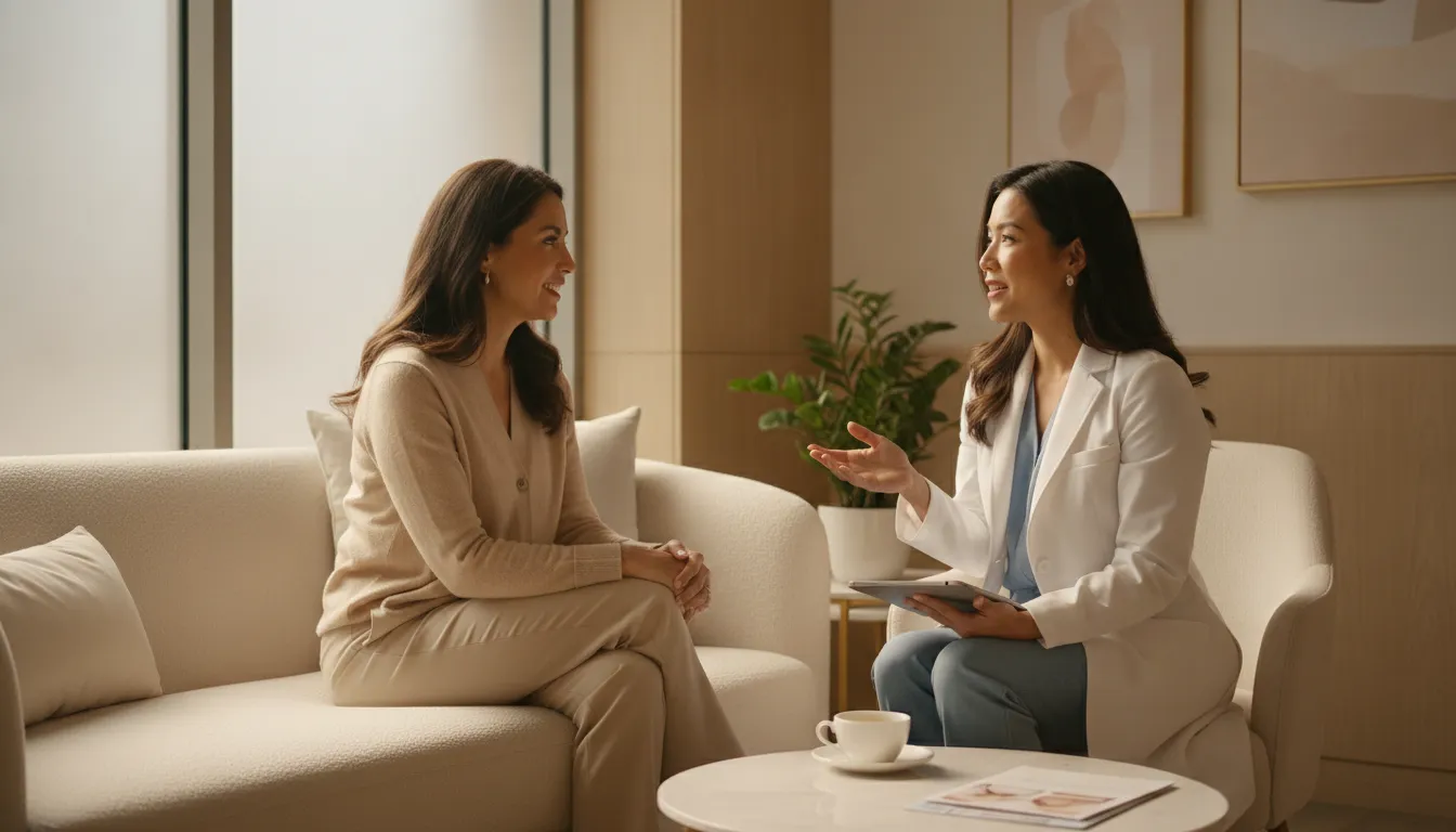 Patient discussing personalized care during a Spanish speaking med spa Dallas consultation