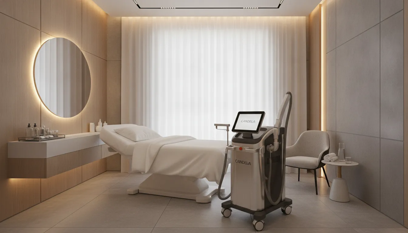 Professional laser hair removal treatment at a medical spa with advanced laser equipment and comfortable treatment bed