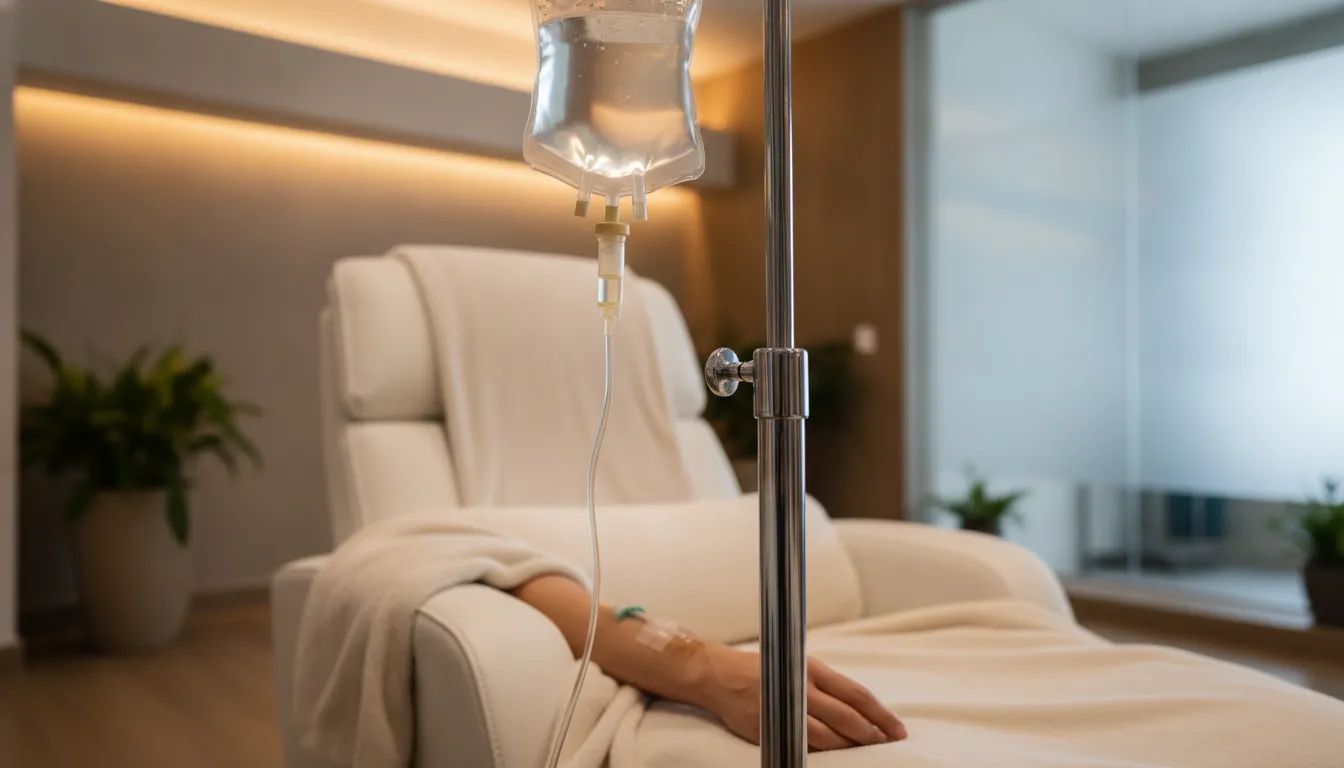 Wellness IV drip in a calm medical spa treatment room for NAD therapy infusions