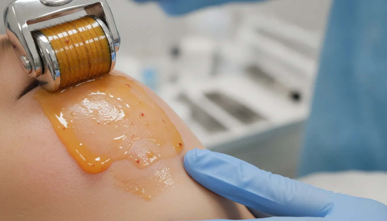 Microneedling treatment process with PRP serum application on skin showing microchannels