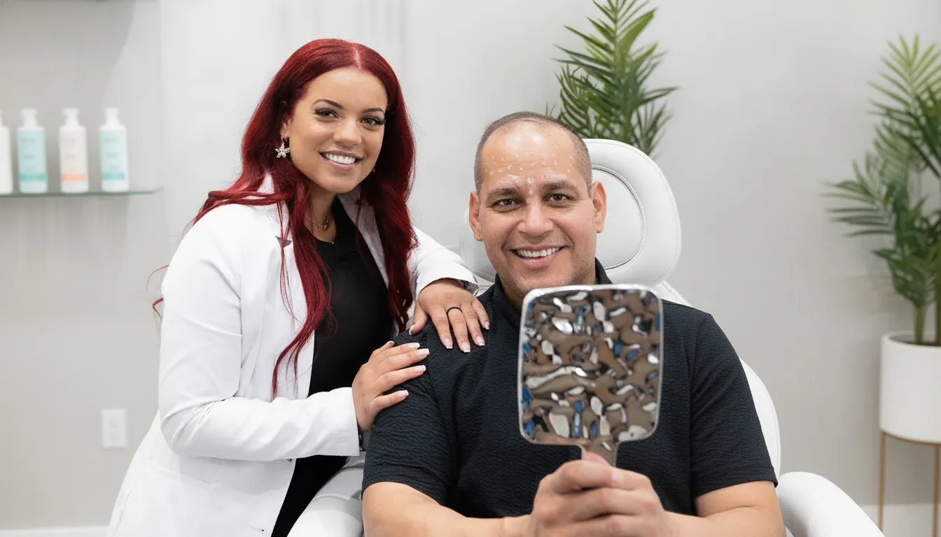 Aesthetic nurse consulting with a patient in a bright medspa treatment room