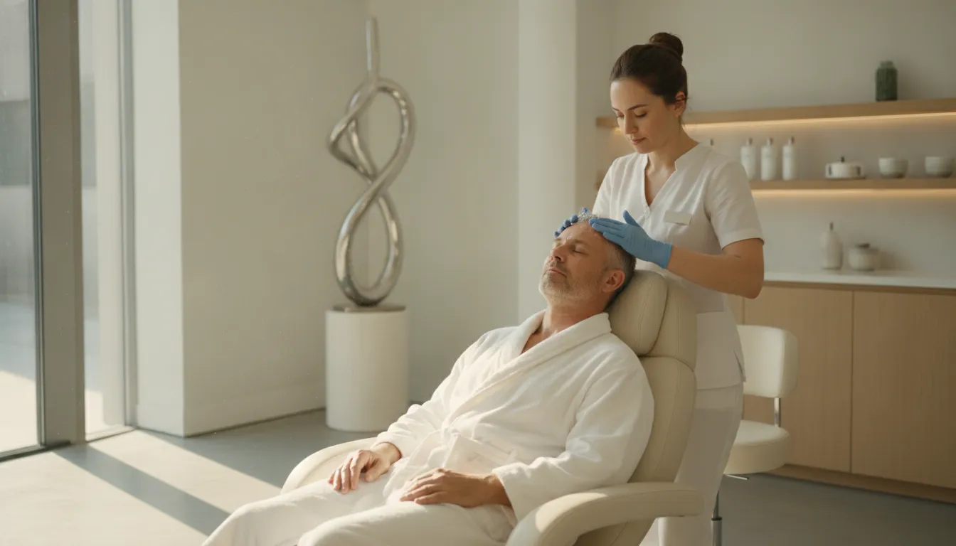 A patient relaxing during a scalp treatment at Soul Glow Medspa in Farmers Branch