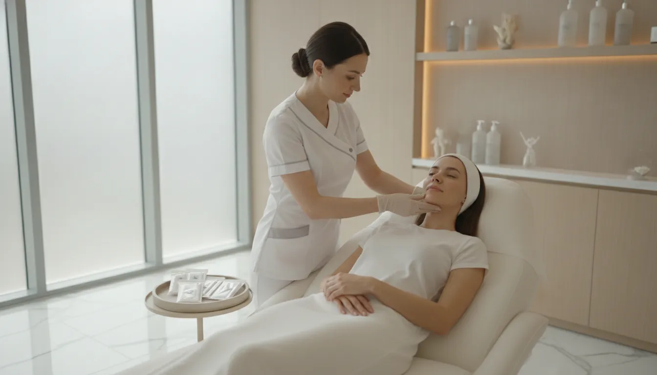 Clinician examining a woman's jawline and cheek contours during a PDO thread lift consultation in Farmers Branch