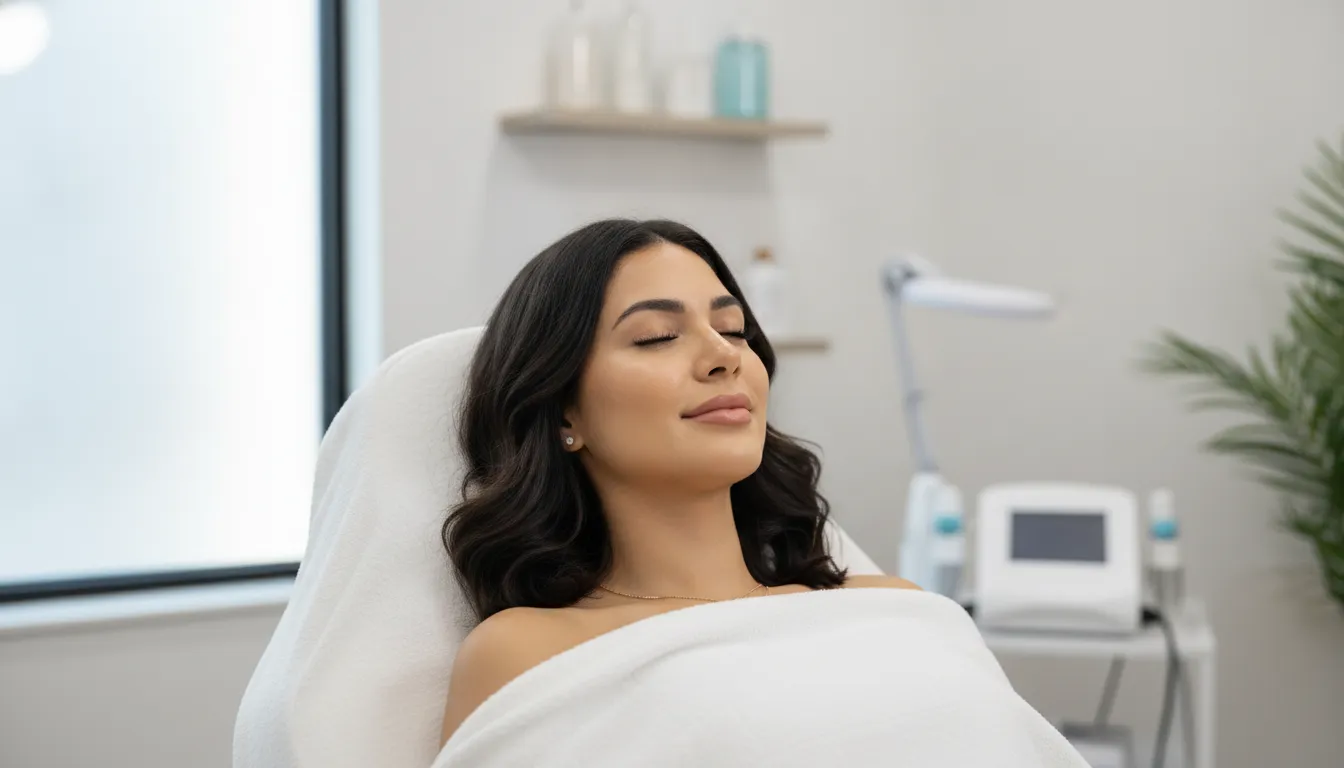 Woman with smooth, natural-looking skin relaxing in a bright aesthetic treatment room