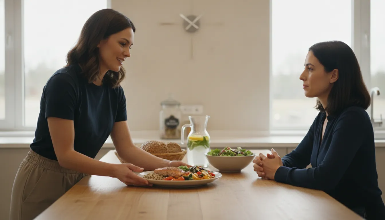 Nutrition counselor and patient reviewing balanced meal choices in a bright wellness suite