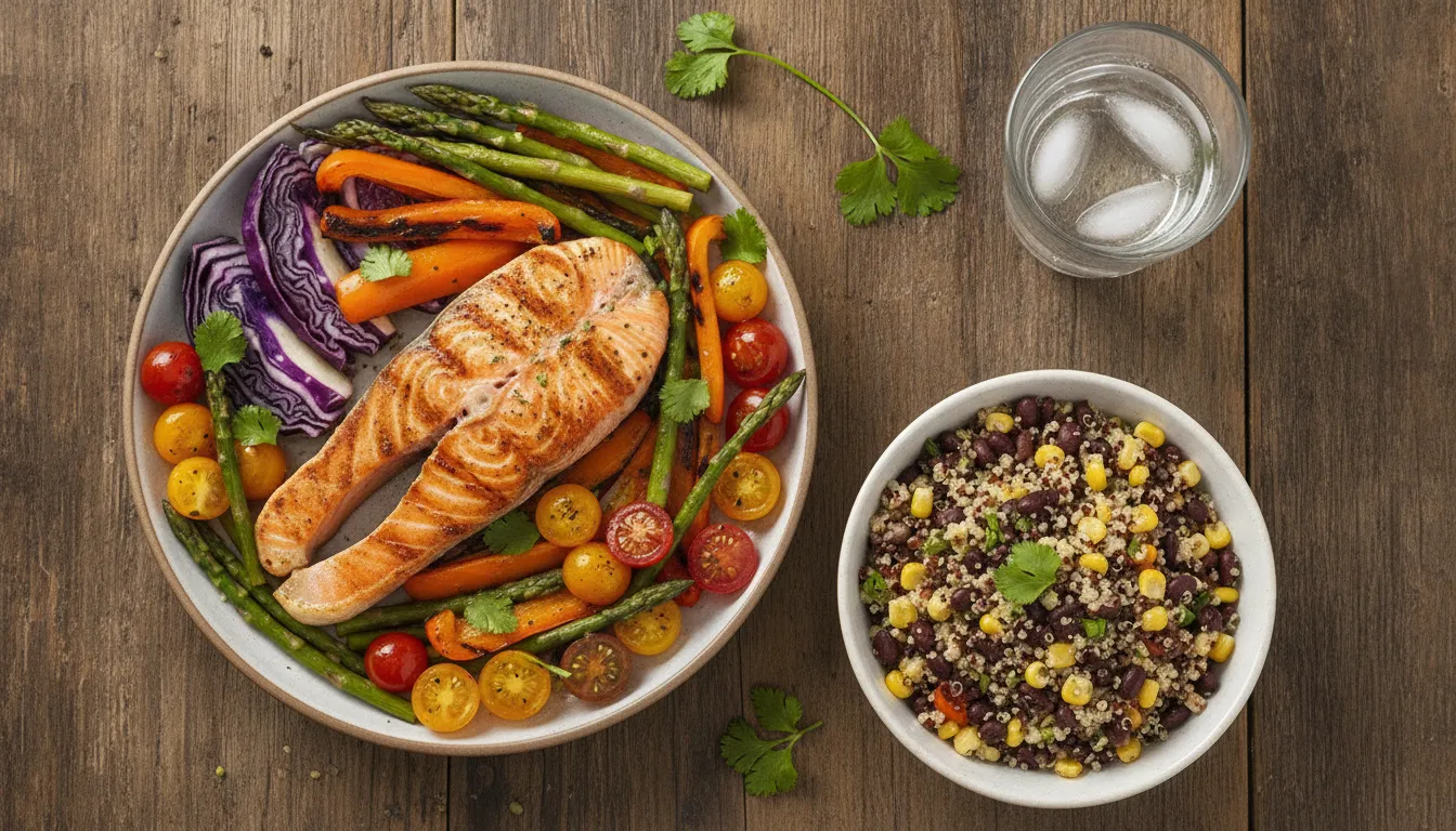Balanced plate of fresh vegetables, salmon, and whole grains for a sustainable weight loss nutrition plan