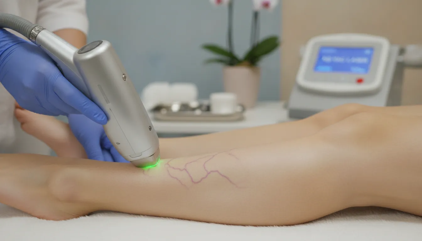 Laser sclerotherapy treatment being applied to spider veins on a patient's leg at Soul Glow Medspa