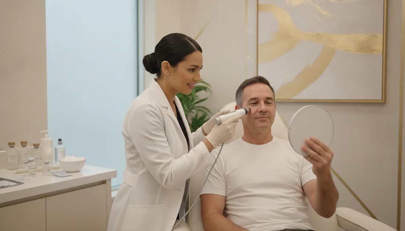 A provider discusses a microneedling treatment with a patient in a medical spa