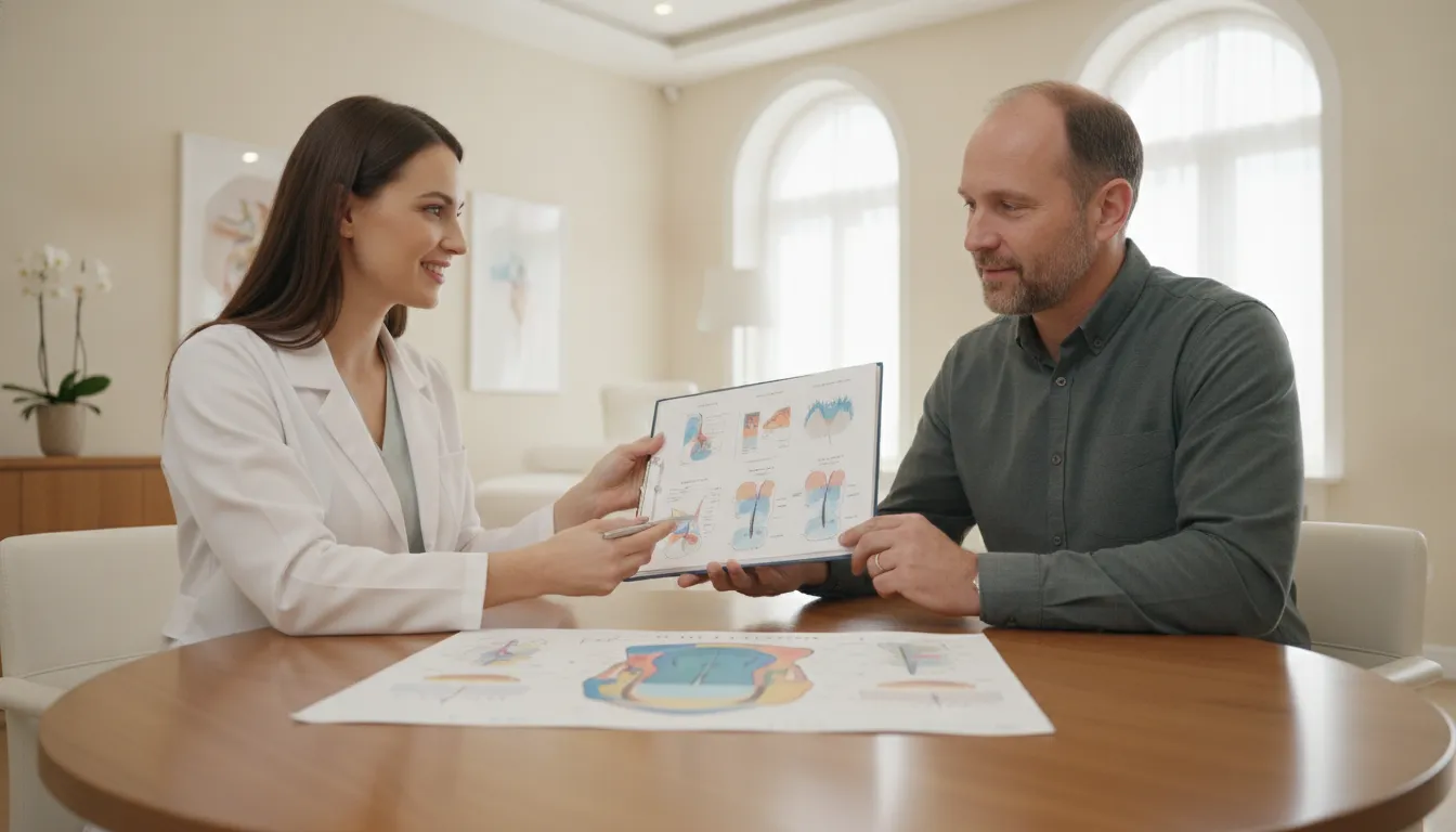 Patient reviewing a personalized PRP hair restoration plan with a provider