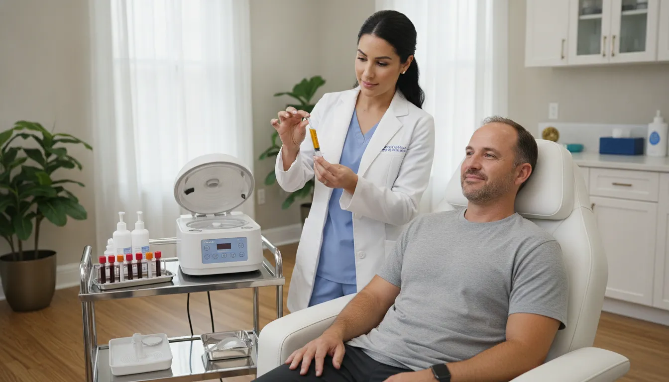 Provider preparing platelet-rich plasma for a Dallas hair restoration appointment
