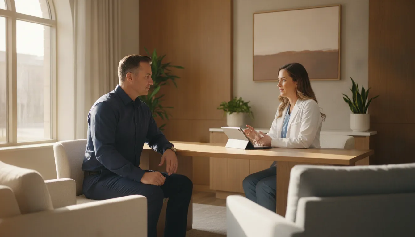 Adult man having a private testosterone consultation with a medical provider