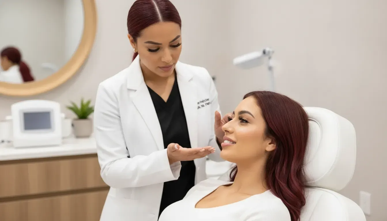 Medical injector reviewing an under-eye treatment plan with a patient