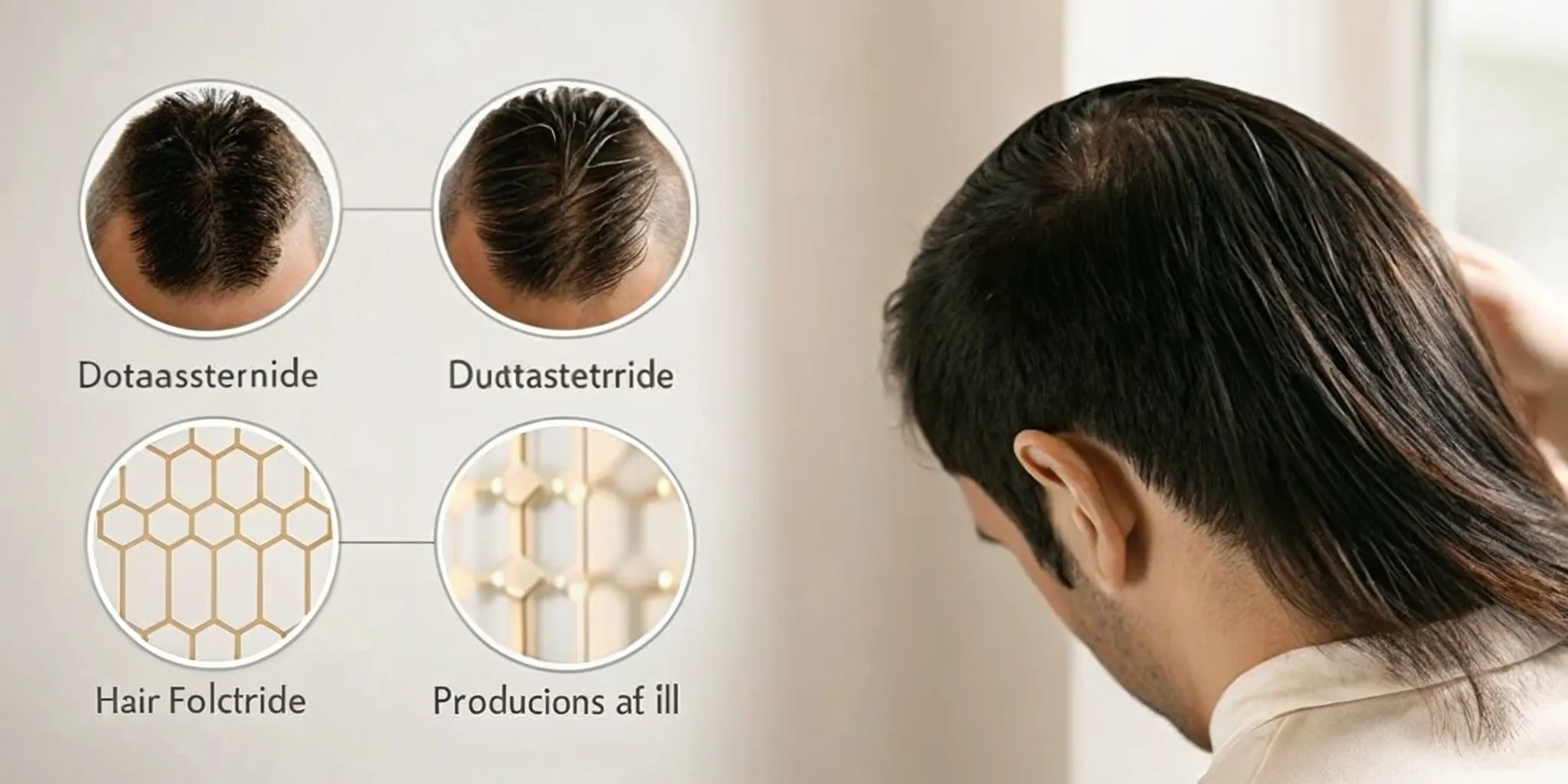 Diagram showing how Dutasteride blocks Type I, II, and III 5-alpha reductase enzymes versus Finasteride blocking only Type II at the hair follicle