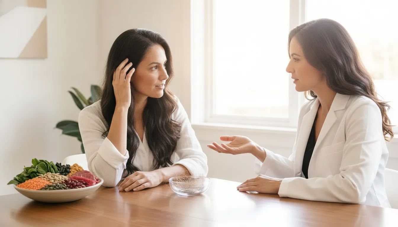 Healthcare professional discussing iron supplements hair regrowth concerns with an adult patient