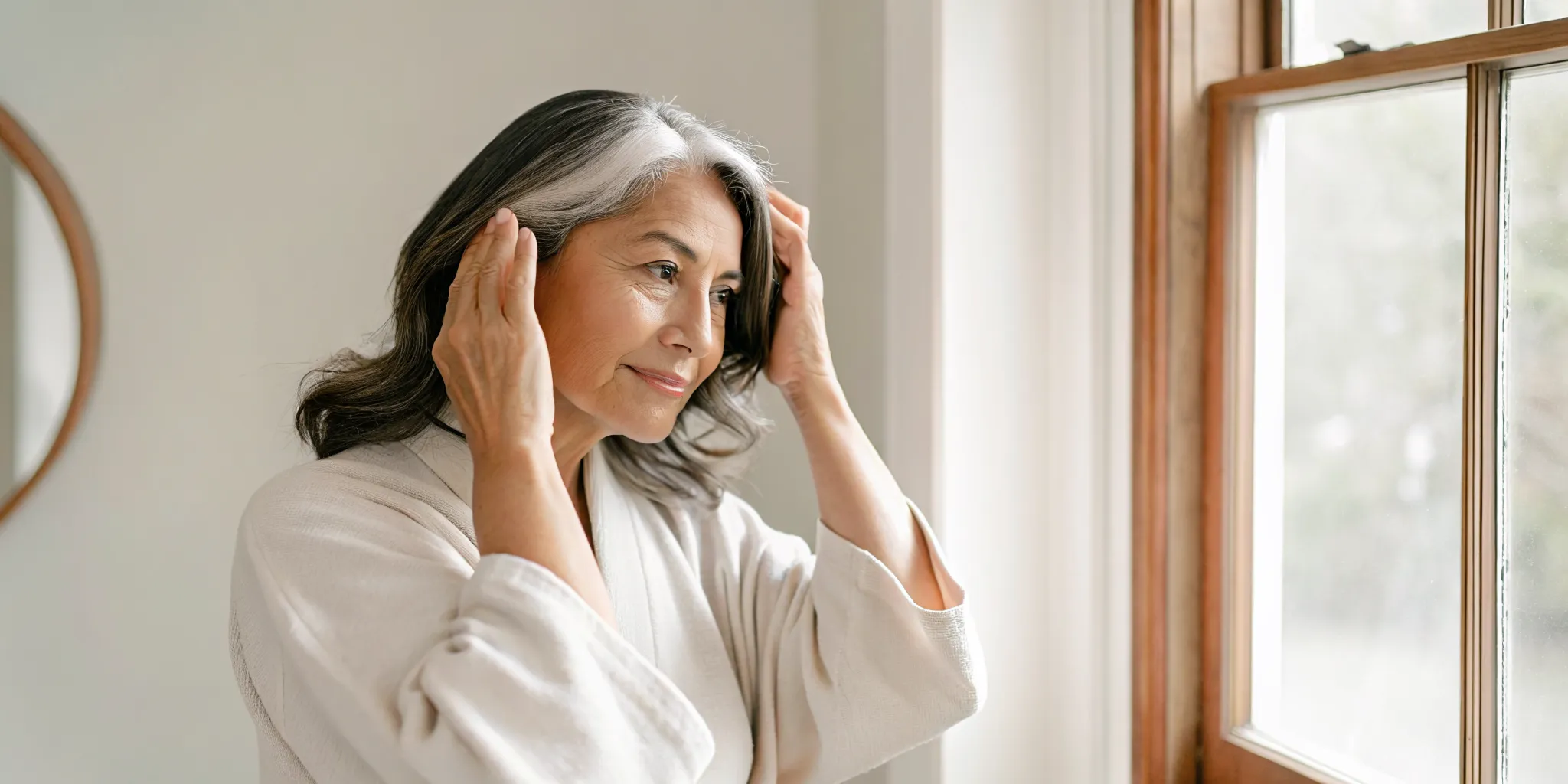 Midlife woman considering menopause hair loss treatment