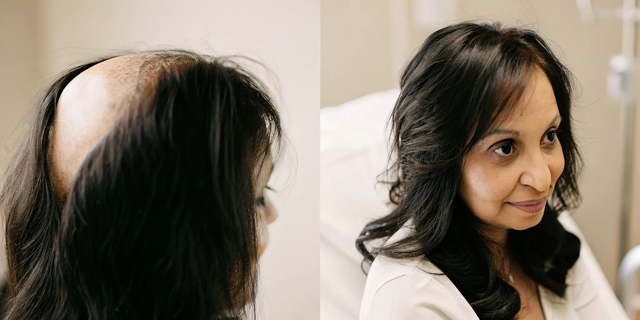 Woman with thinning hair at the crown, illustrating female pattern hair loss before treatment
