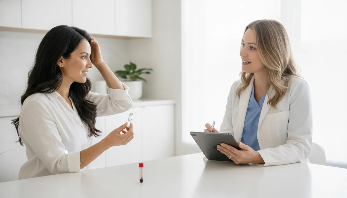 Adult discussing blood testing and diffuse hair shedding with a healthcare professional