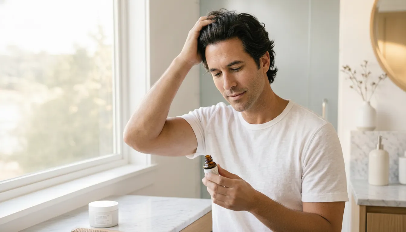 Adult following a consistent hair and supplement routine at home