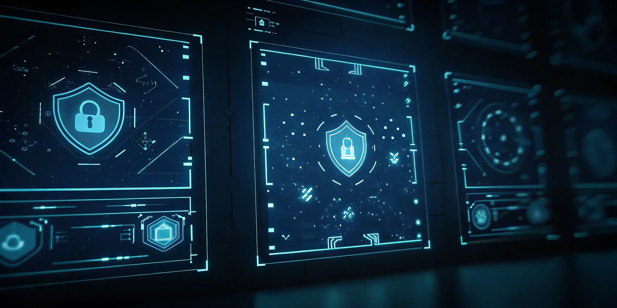 Cybersecurity operations center with holographic AI agent interfaces and compliance dashboard visualization
