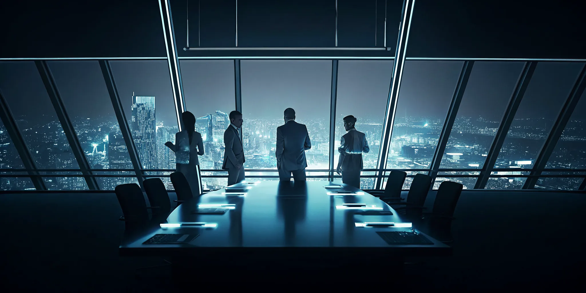 Houston professionals use AI agents for business growth in an office overlooking the city.