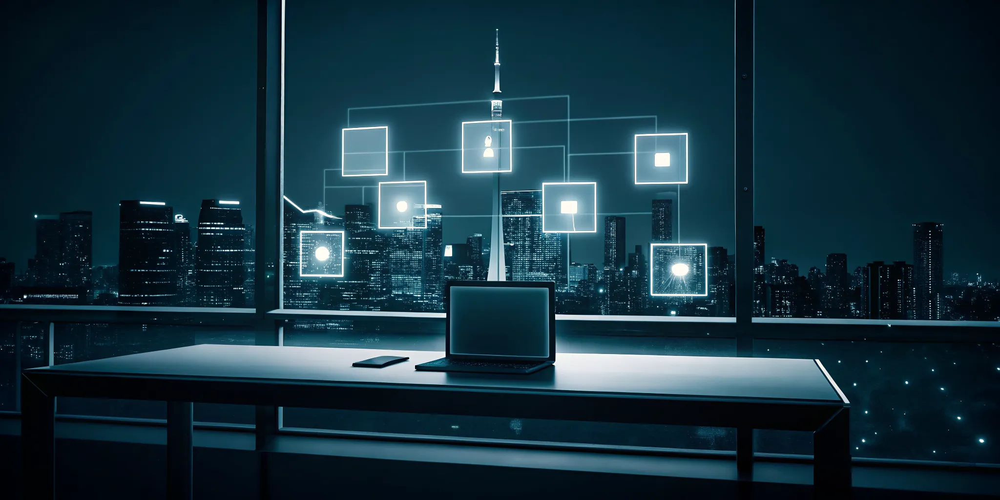 AI appointment booking automation on a laptop overlooking the Toronto skyline.