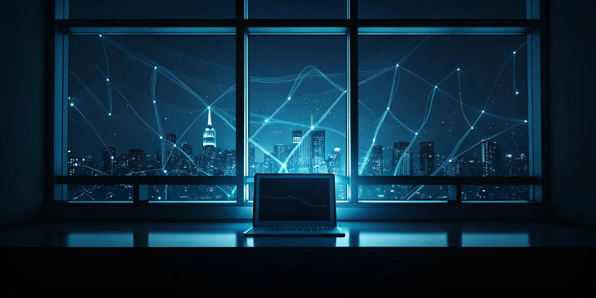 AI automation for financial services in New York on a laptop overlooking the city skyline.