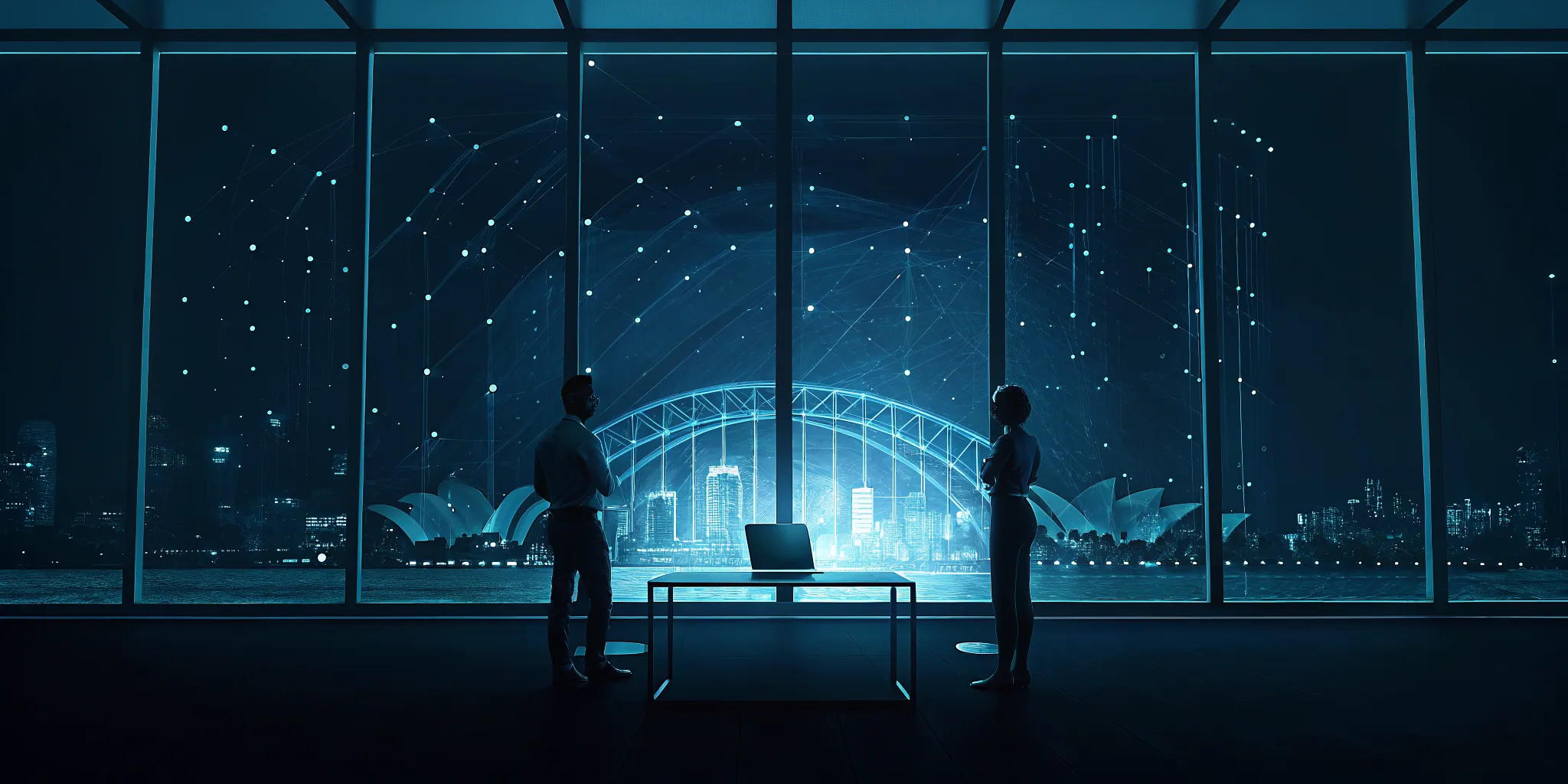 Business professionals using AI automation services in Sydney with the Harbour Bridge and Opera House at night.