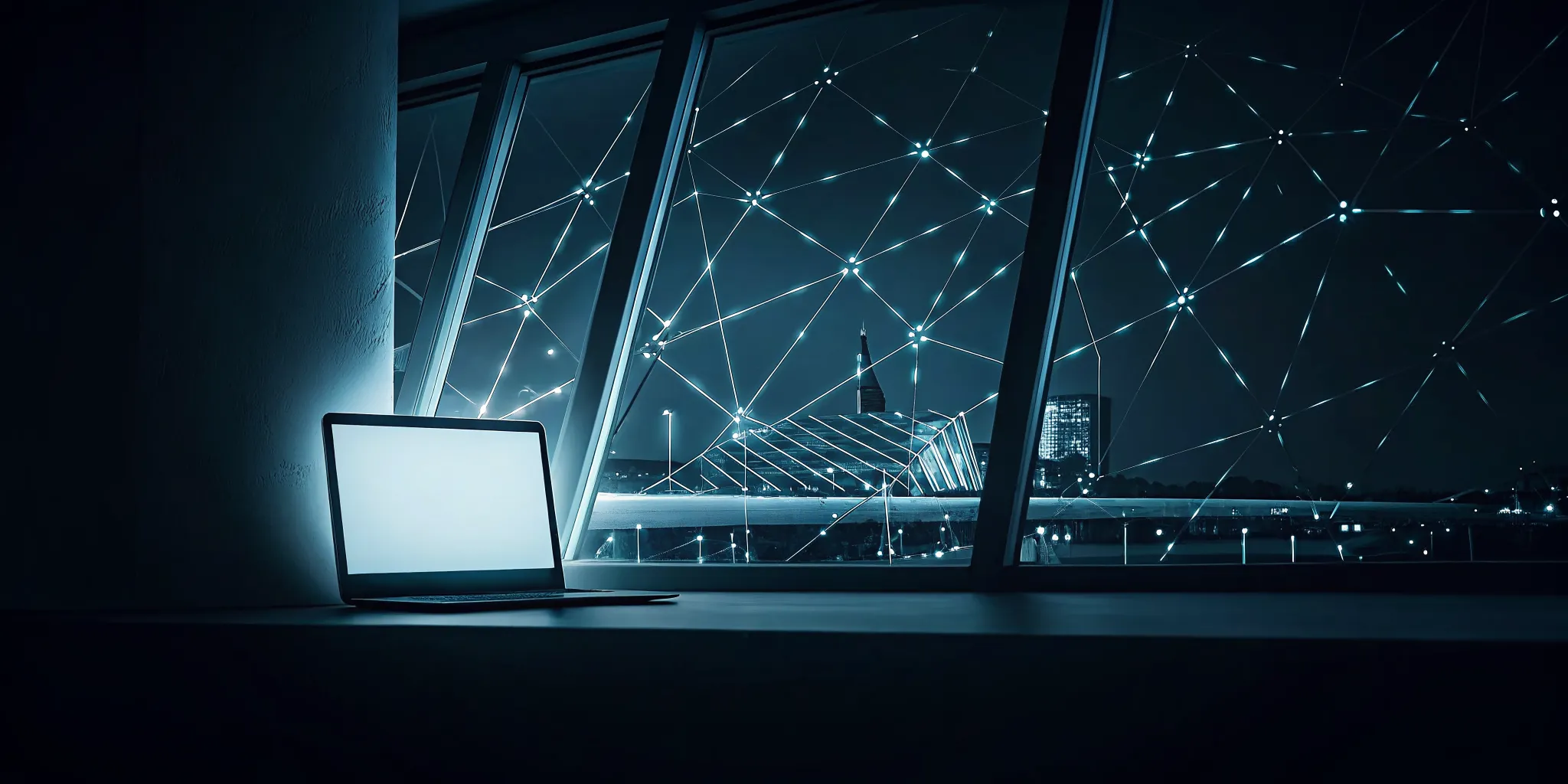 AI automation network connecting a laptop to the Winnipeg city skyline.