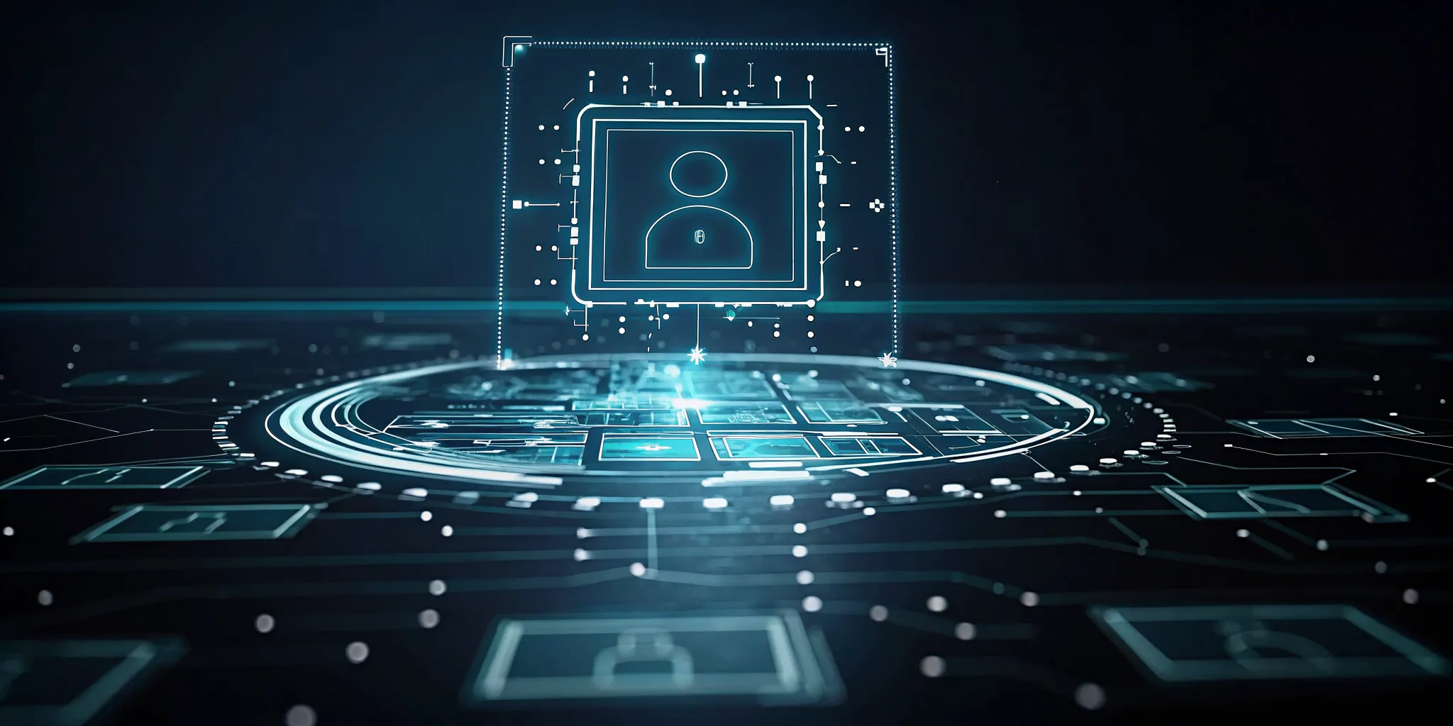 Futuristic cybersecurity dashboard with holographic AI agent lifecycle visualization showing data pipeline, model training, inference, and automated response