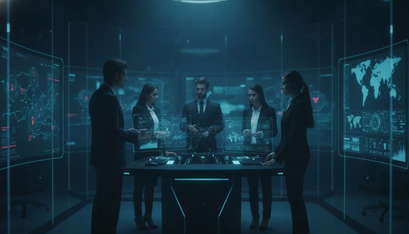 Enterprise security and compliance professionals reviewing automated compliance workflows in a dark operations center