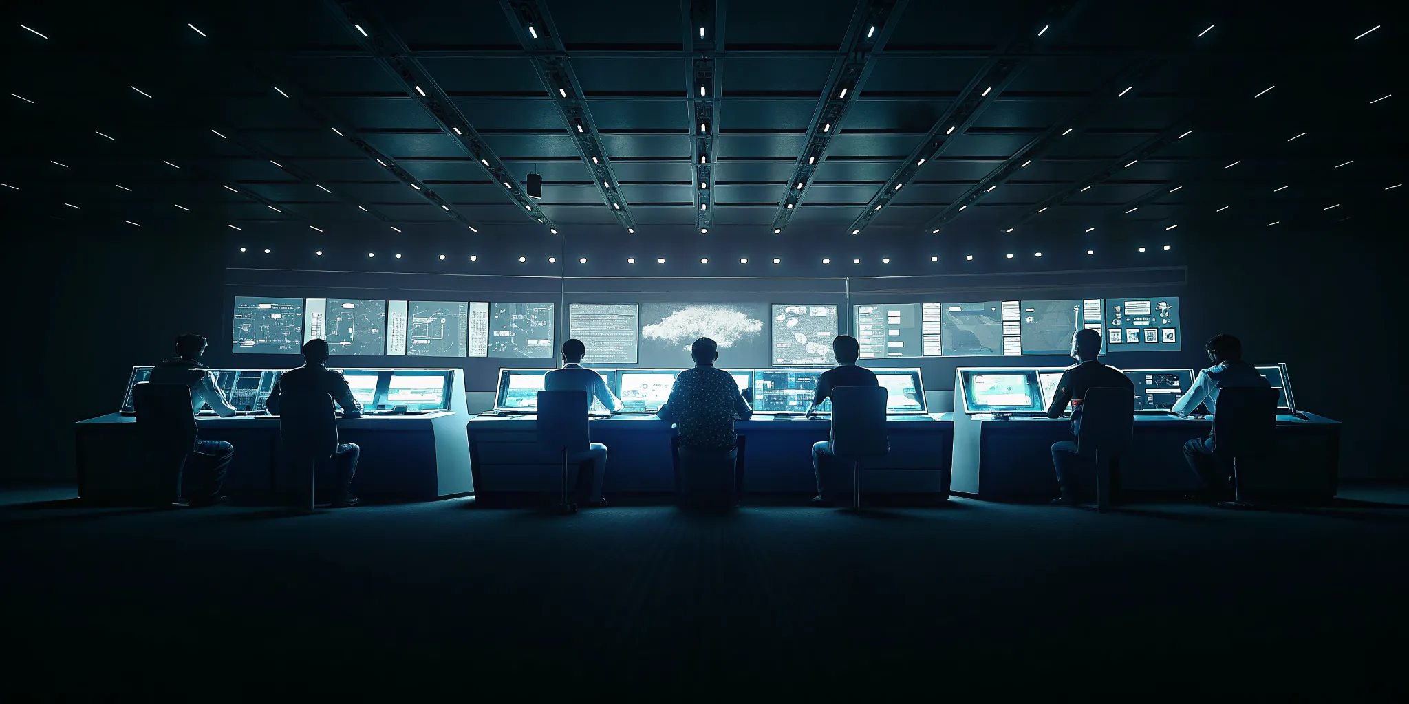 Enterprise security and compliance leaders reviewing continuous audit evidence in a command-center operations room