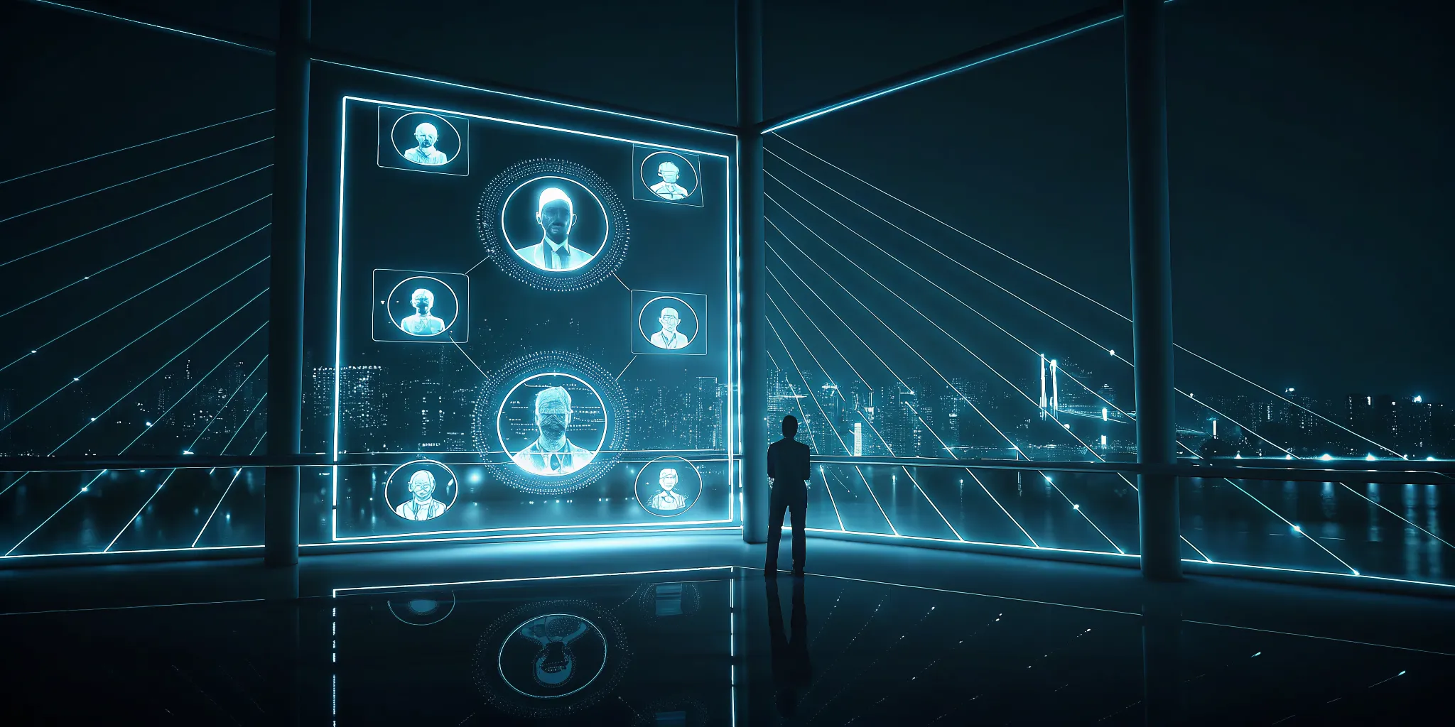An AI automation strategy consultant in Boston working on a digital interface overlooking the city.