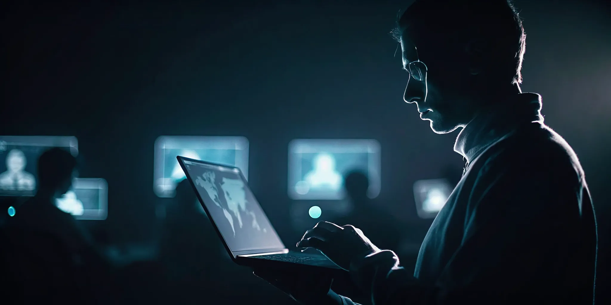 Security operations analyst investigating a privileged session anomaly in a dark operations center