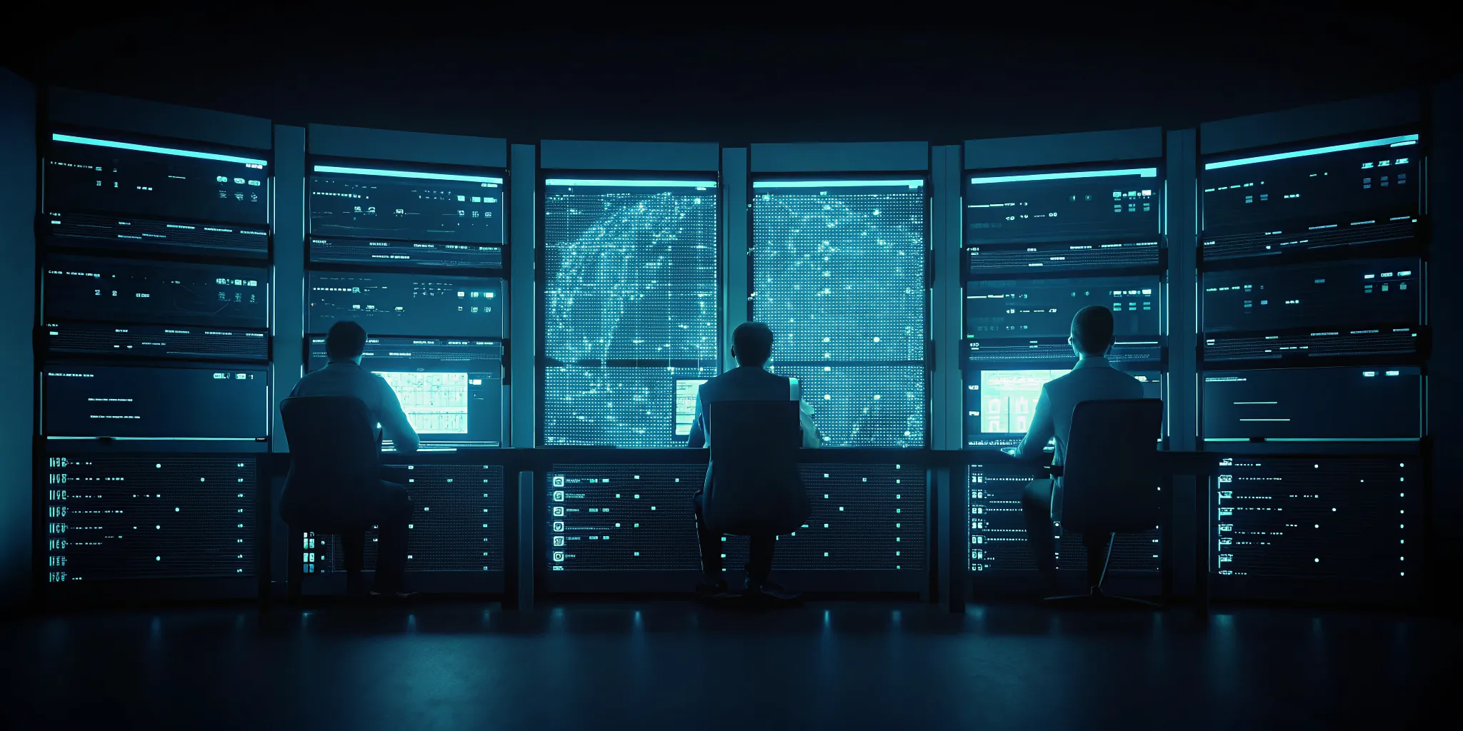 Security operations center with three monitoring screens showing different cloud provider environments