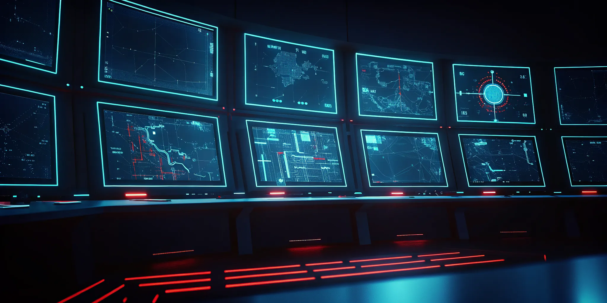 Enterprise security operations center with AI network monitoring dashboard and shadow AI detection visualization