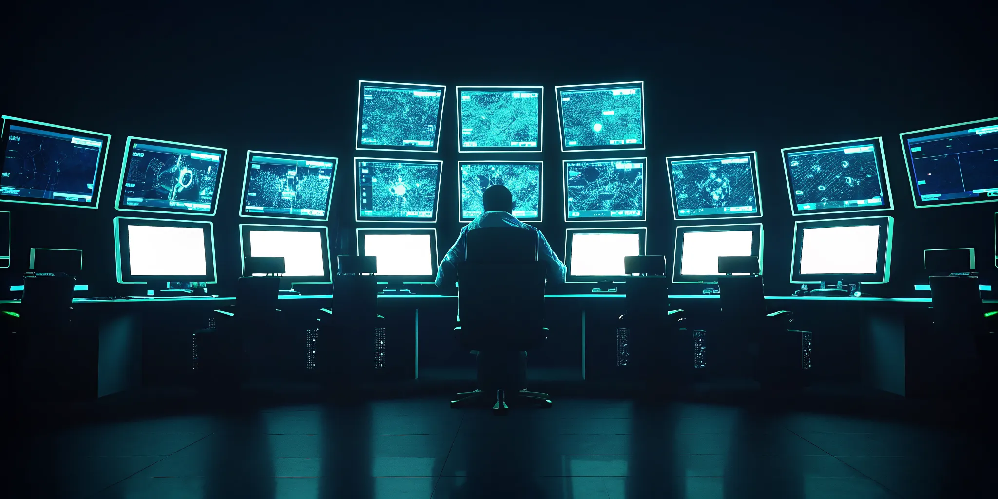 AI-powered autonomous triage dashboard in a SOC command center showing correlated alert timelines and severity heat maps