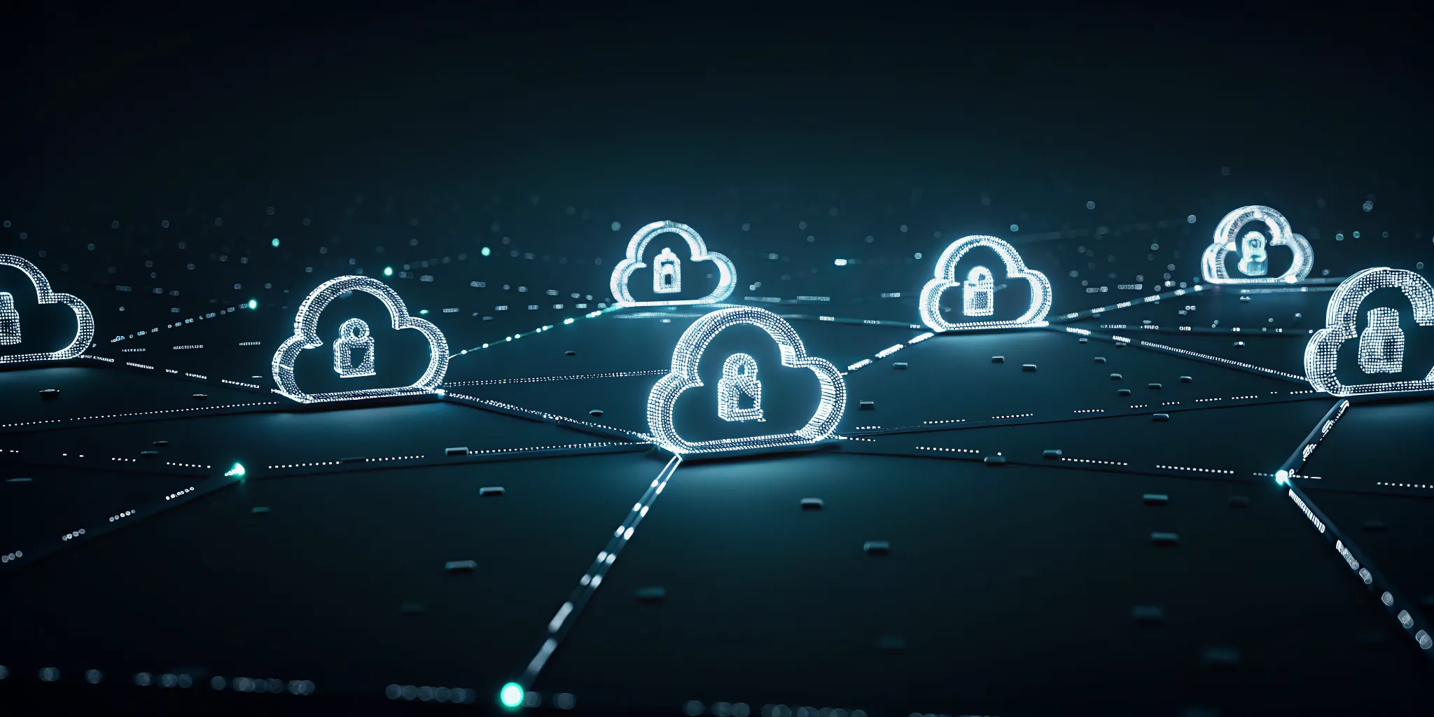 Abstract visualization of workload identity tokens flowing between three cloud platforms with secure authentication channels
